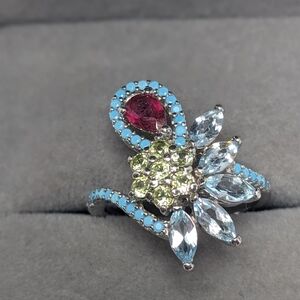 Ruby Citrine And Blue Topaz Cluster Ring Rhodium Plated 925 Silver New $500